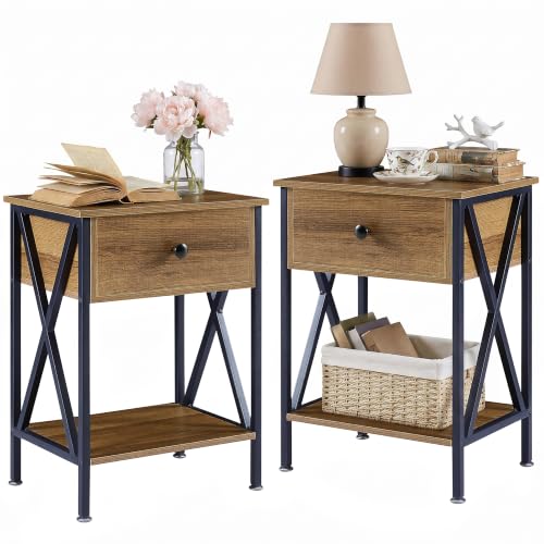 VECELO Nightstands Set of 2, Modern Bedside End Tables, Night Stands with Drawer and Storage Shelf for Living Room Bedroom, Industrial Metal Frame - color: Walnut Brown, size: Set of 2 - 15.8"W x 11.8"D x 21.7"H