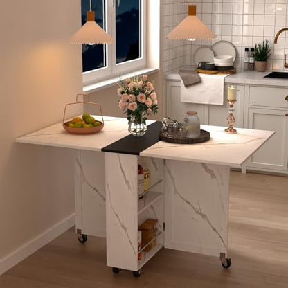 White Marble Mobile Folding Dining Table - 6-Wheel Rolling Kitchen Cart with Storage, Drop Leaf Design for Small Spaces, Suitable for Kitchen, Dining Room, Apartment - color: Black
