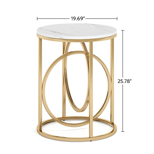 Tribesigns Round End Table, 20" Modern Sofa Side Table with Gold Base, Faux Marble Accent Table Bedside Table Nightstand for Living Room, Bedroom, White and Gold - color: White and Gold, size: 1-PC