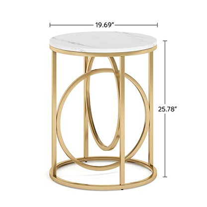 Tribesigns Round End Table, 20" Modern Sofa Side Table with Gold Base, Faux Marble Accent Table Bedside Table Nightstand for Living Room, Bedroom, White and Gold - color: White and Gold, size: 1-PC