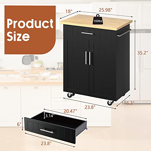 JY QAQA 26" Kitchen Island Cart on Wheels, Mobile Kitchen Storage Cabinet with Drawer & Shelves, Rolling Bar Cart with Towel Rack, Black