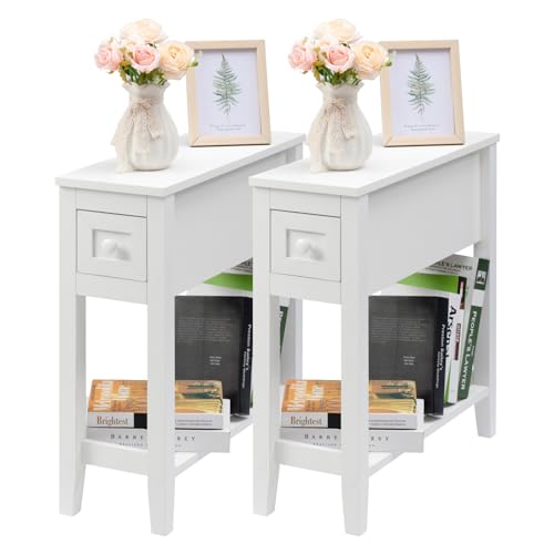 Narrow Side Table for Small Spaces, White Table with Drawer, Slim Bed Table/Night Stand Set of 2, Couch Table - size: 2 set White