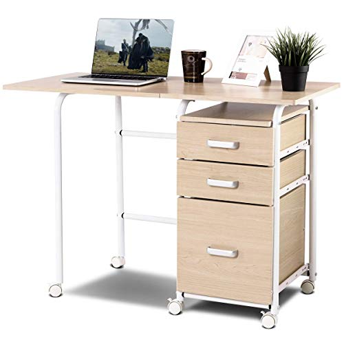 Tangkula Folding Computer Desk with 3 Drawers, Mobile Home Office Desk, Portable Laptop Desk Writing Table, Space Saving Compact Desk for Small Spaces, Dorm, Apartment - color: Beige
