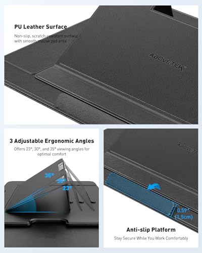AboveTEK Adjustable Laptop Lap Desk, 3 Ergonomic Angles, PU Leather Non-Slip Surface, Heat Shield, Retractable Mouse Pad, Portable Laptop Lap pad Workstation for Bed, Sofa, Travel - color: Black
