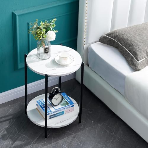 Small Round Side Table Set of 2, Black End Table with Faux Marble Top, Modern Sofa Table for Small Spaces in Living Room, Couch, or Bedroom Nightstand (2 pcs Black, Round) - color: 2 Pcs Black