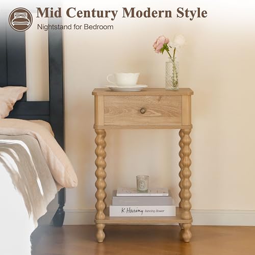 AWASEN Night Stand, Wood End Table with Drawer for Living Room, Small Bedside Side Table with Spindle Wood Legs for Bedroom, Office, Rustic Walnut - color: Rustic Walnut