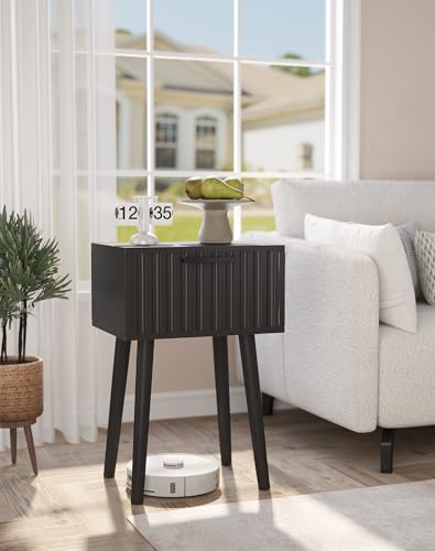 YMYNY Fluted Nightstand Set of 2, Small End Table, Modern Coffee Table with Drawer, Solid Wood Legs, Retaining Chain, 13.8" x 10.6" x 20.9", for Bedroom and Small Spaces, Black UHST014B-2 - color: Black