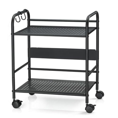 2-Tier Metal Rolling Cart, Compact Under Desk Storage Organizer | 12.2" clearance fits binders & tall bottles; anti-drop safety guard; small space mobile shelf for home, bedroom & office. - color: Black