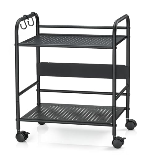 2-Tier Metal Rolling Cart, Compact Under Desk Storage Organizer | 12.2" clearance fits binders & tall bottles; anti-drop safety guard; small space mobile shelf for home, bedroom & office. - color: Black