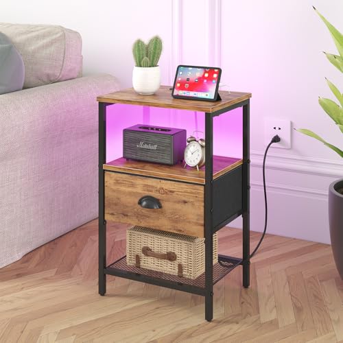 sthmec Nightstands Set of 2, LED Night Stands with Charging Station and Fabric Drawer, Bedside Tables with Drawers, 2- Tier LED Side Table End Table Charging Station Bedroom,Rustic Brown - color: Rustic Brown, style: Power & LED