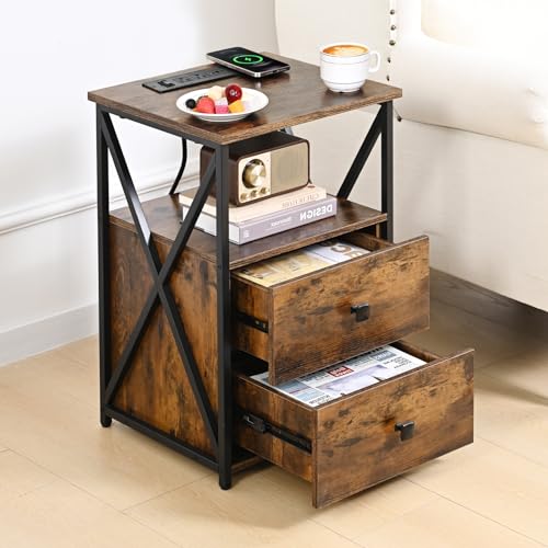 Livofloral LED Nightstand Set 2, Night Stand with Wireless Charger, End Table with Storage, Side Table with USB Ports and Outlets, Bedside Table with Wooden Drawers for Bedroom, Living Room, Brown - color: Brown, size: 2 Pack with Wireless Charging