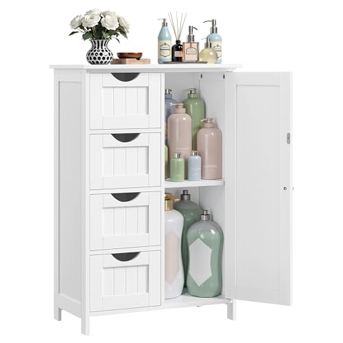 VASAGLE Storage Cabinet with Drawers, Freestanding Floor Cabinet with Door, 11.8 x 21.7 x 32.3 Inches, Adjustable Shelf, for Bathroom, Living Room, Kitchen, Cloud White ULHC041WH01S - color: Cloud White, size: 1 Door + 4 Drawers（32.3"）