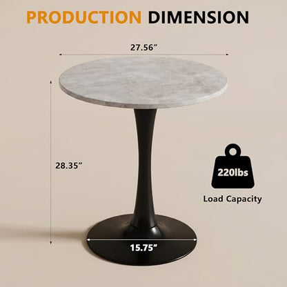 27.6" Marble Round Tulip Table, Mid-Century Modern Style Dining Table with Black Pedestal Base for 2-4 People, Featuring A Marble Tabletop for Kitchen, Dining Room, Cafe (Light Grey) - color: Light Grey#black