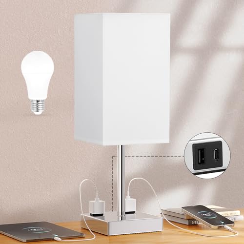 Touch Bedside Table Lamp For Nightstand - 3-Way Dimmable Night Lamp with USB A + Type C Charging Ports and two AC Outlets, Small Desk Light with E26 LED Bulb for Bedroom Living Room, WHITE PLUS - color: White & Silver, size: 17.4in