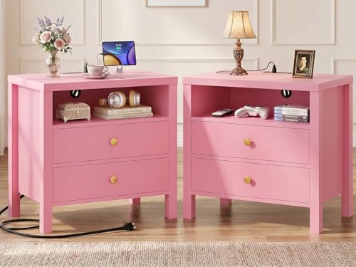 Aheaplus Nightstand with Charging Station, 23.6'' Large Bed Side Table with Wooden 2 Drawers, Night Stand for Bedroom, End Table with Open Storage Shelf for Living Room, Set of 2, Pink - color: Pink