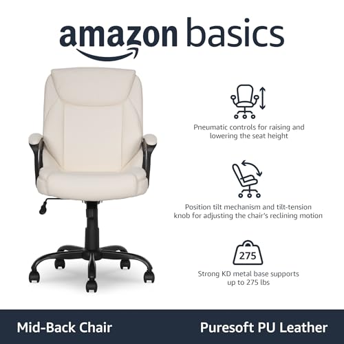 Amazon Basics Classic Puresoft PU Padded Mid-Back Office Chair with Armrest, Height Adjustable, Easy to Assemble, 26"D x 23.75"W x 42"H, Cream - color: Cream