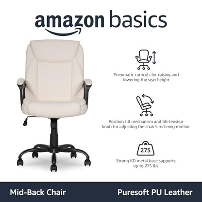 Amazon Basics Classic Puresoft PU Padded Mid-Back Office Chair with Armrest, Height Adjustable, Easy to Assemble, 26"D x 23.75"W x 42"H, Cream - color: Cream
