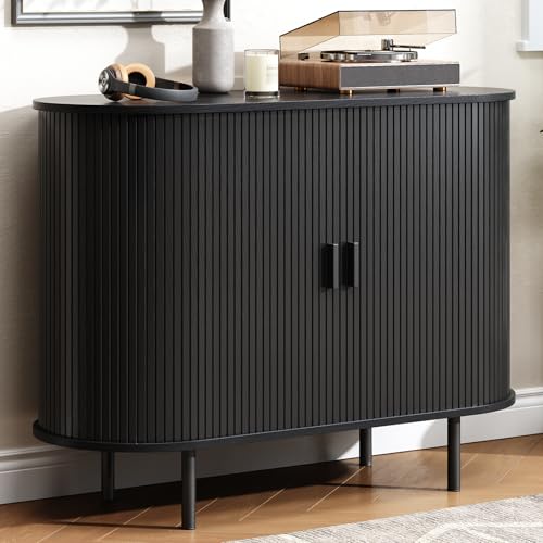 Buffet Cabinet with Storage, Fluted Sideboard Buffet with Sliding Door, Coffee Bar Cabinet with Adjustable Shelf, Console Table, Accent Table for Entryway, Kitchen (Black, 40 Inch) - color: Black, size: 40 Inch