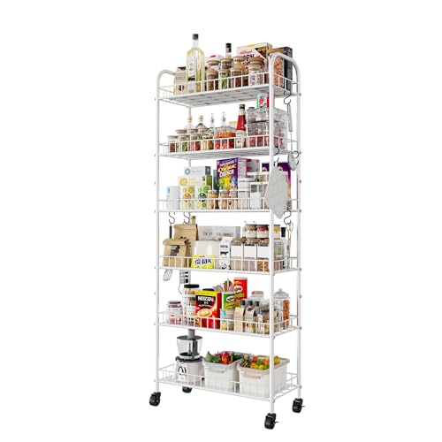 6 Tier Slim Rolling Storage Cart with Wheels, Metal Mobile Shelving Unit Organizer Utility Cart for Office Bathroom Kitchen Laundry Room Narrow Places (White 10 Inches) - size: White 10 Inches