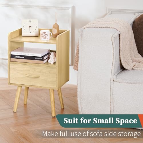 Yoobure Modern Nightstand with Fabric Drawer, Bedside Tables, Mid Century Nightstand with Open Storage Shelf, Wood Bedside Table, Small Night Stands for Bedrooms, 2-Tier Night Table - color: Natural
