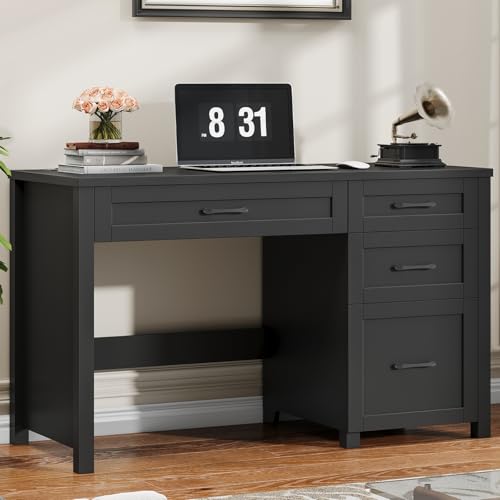 Halitaa Farmhouse 47" Executive Desk, Computer Desk with File Drawer and Charging Station, Workstation for Home Office, Study(Pure Black) - color: Pure Black, size: with Charging Station
