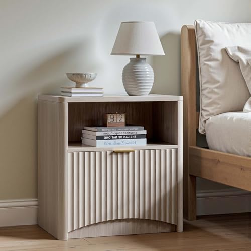 Evermagin Fluted Nightstand, Bedside Table with Drawer and Storage, Wood End Table Mid Century Modern, Large Night Stand for Bedroom, White Alder - color: White Alder, size: 1 Drawer (Without Charging Station)