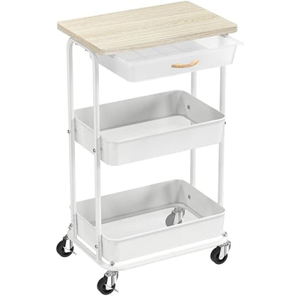 Simple Houseware 3-Tier Rolling Utility Cart with Drawer & Wood Tabletop - Mobile Sofa Side Table, Nightstand, Slim Storage Organizer Trolley for Bedroom, Bathroom, Office & Art Supplies, Maple - color: Maple
