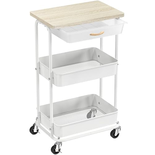 Simple Houseware 3-Tier Rolling Utility Cart with Drawer & Wood Tabletop - Mobile Sofa Side Table, Nightstand, Slim Storage Organizer Trolley for Bedroom, Bathroom, Office & Art Supplies, Maple - color: Maple
