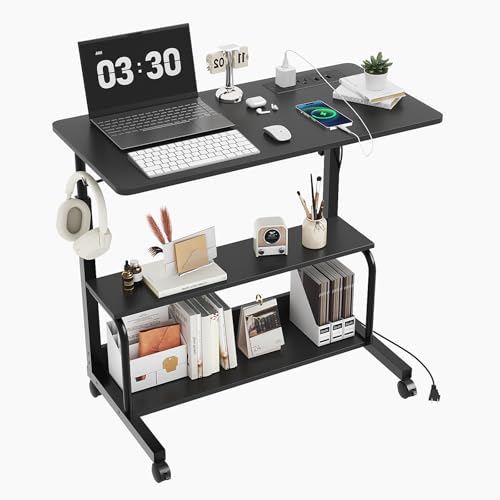FCH 31.5" Mobile Small Standing Desk, Adjustable Height Mobile Computer Desk, w/2 AC Outlets + 3 USB Ports & Hooks, Storage Shelves, Suitable for Gaming, Studying, Home Office, Black - color: Black, size: 31.5+Power Sockets