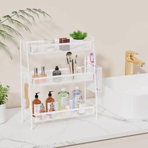 VITVITI 3-Tier Bathroom Organizer Countertop, Metal Wire Mesh Bathroom Counter Organizer Storage with Basket Hooks, Vanity Tray Shelf, Kitchen Spice Rack (White) - color: 3 Tier Large White