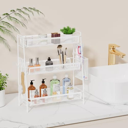 VITVITI 3-Tier Bathroom Organizer Countertop, Metal Wire Mesh Bathroom Counter Organizer Storage with Basket Hooks, Vanity Tray Shelf, Kitchen Spice Rack (White) - color: 3 Tier Large White