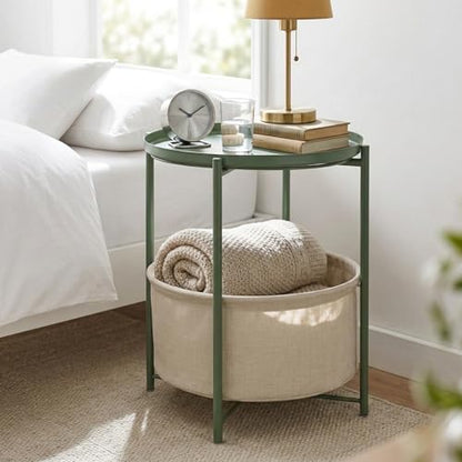 danpinera Small Round Side Table with Storage Basket, Removable Tray Top | Metal End Table for Small Space, Living Room, Bedroom, Nursery, Laundry, Modern Nightstand with Removable Tray, Green - color: Dark Green