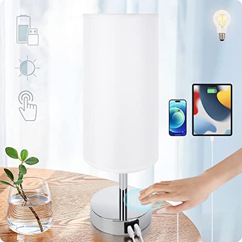 Yarra-Decor Bedside Lamp with USB Port - Touch Control Table Lamp for Bedroom 3 Way Dimmable Nightstand Lamp with Round White Fabric Shade for Living Room, Dorm, Home Office (LED Bulb Included) - color: White