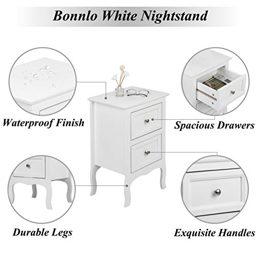 Bonnlo White Nightstand with 2 Drawers, Night Stands for Bedrooms, Small Bed Side Table/White Night Stand with Drawers for Small Spaces, College Dorm, Kids’ Room, Living Room, French, 16W x 12D x 24H - color: White