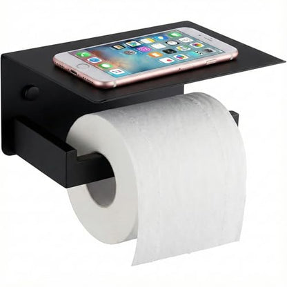 Toilet Paper Holder with Phone Shelf, Matte Black | SUS304 stainless steel, screw-mounted, phone shelf with raised lip, fits standard toilet paper rolls - color: Matte Black