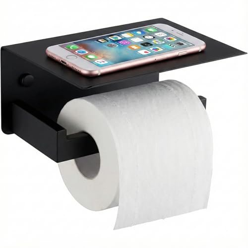 Toilet Paper Holder with Phone Shelf, Matte Black | SUS304 stainless steel, screw-mounted, phone shelf with raised lip, fits standard toilet paper rolls - color: Matte Black
