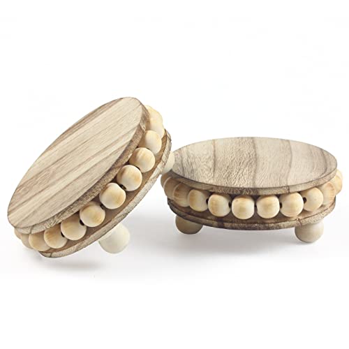 Round Wood Pedestal Stands for Decor, 2-Pack | Beaded wood pedestals for boho decor, versatile as a small plant display, or farmhouse counter tray.（4-Inch）
