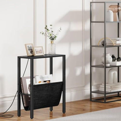 Narrow End Table with Charging Station, Narrow Nightstand with USB Ports & Outlet, Slim Sofa Side Table, Black End Table, Small Side Table for Small Spaces, Living Room, Bedroom, Black - color: Black