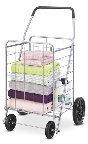 Whitmor Deluxe Utility Foldable Shopping Cart with Wheels, 100 Lb Capacity, Heavy Duty Grocery Cart with Steel Frame, Foam Handle, Rolling Folding Utility Trolley for Grocery, Laundry, Travel, Gray - size: 15.75"L x 17.75"W x 40.5"H, Gray