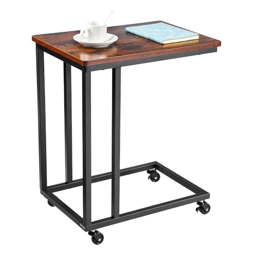 VEVOR C Table, C Shaped Sofa Side Table with Metal Frame Rolling Casters, Portable C Shaped End Stand for Living Room Bedroom Office, 19.69 x 13.78 x 23.82 inches Laptop Side Tables, Brown and Black - style: Normal