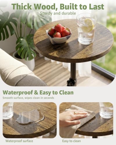 Adjustable Drink Table Marble Base, Small Round Side Table, Pedestal Side Table for Small Spaces in Living Room, Bedroom, Sofa Couch, Brown & Black