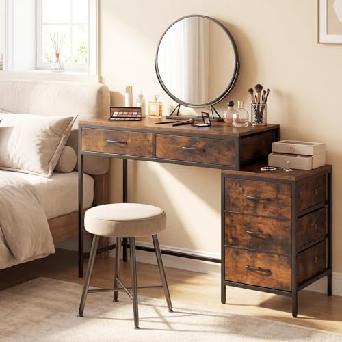 Tangkula Reversible Computer Desk, Industrial Style Writing Study Table | 51” Home Office Desk with Drawers & Printer Stand, Laptop PC Workstation for Bedroom Small Spaces - color: Rustic Brown