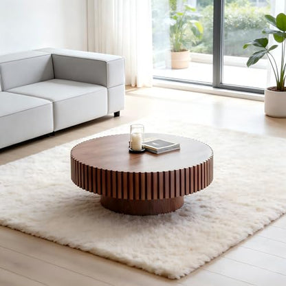 Coffee Table Modern Wood Round Fluted, Ø31.5'' X 13.8''H Small Space Brown Circular Drum Coffee Tables Circle Fluted Center Living Room Drum Tea Accent Apartment Home Furniture Easy Assembly Walnut - color: 31.49 Walnut 2026