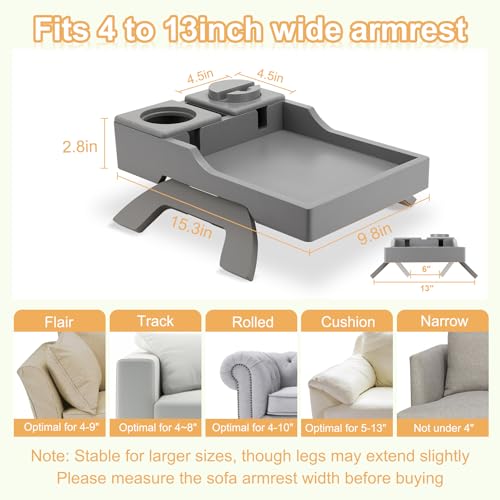 Couch Arm Table Tray, 15.3" x 9.8" Large Bamboo Couch Arerest Table for Cup Holder, Adjustable Sofa Arm Clip Tray Table with Rotated Phone Holder - color: Gray
