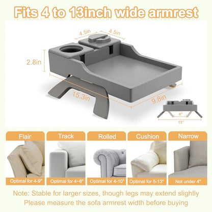 Couch Arm Table Tray, 15.3" x 9.8" Large Bamboo Couch Arerest Table for Cup Holder, Adjustable Sofa Arm Clip Tray Table with Rotated Phone Holder - color: Gray