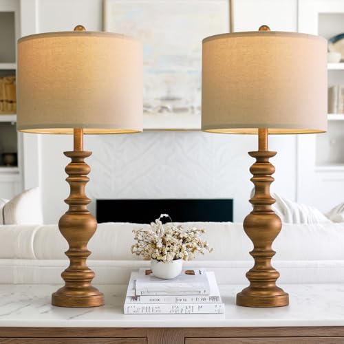 BOBOMOMO 27" Antique Gold Table Lamps Set of 2, Elegant Large Resin Lamps with Linen Shades, Gold Traditional Lamps for Bedroom, Living Room, or Console Table, Classic Vintage Décor - color: Antique Gold, size: Large-27"