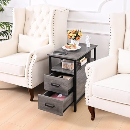 Livofloral Side Table, Gray End Tables with Charging Station, Narrow End Table with Wooden Drawers, USB Ports and Power Outlets, Nightstand and Bedside Table, Side Table Living Room, Bedroom - color: Light Gray