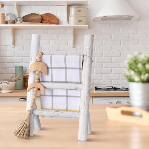 Cinnvoice 2 Pcs Wooden Tea Towel Ladder Rustic Hand Towel Stand Rack Mini Countertop Towel Stand Farmhouse Wood Counter Towel Holder for Bathroom Country Kitchen Office (White) - color: White