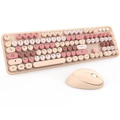 KOOTOP Wireless Keyboard and Mouse, Cute Keyboard and Mouse Combo with Retro Round Keycap, 2.4G Connectivity for PC, Mac, Laptop, Computer Windows (Milk Tea) - color: 3 Milk Tea