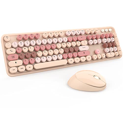 KOOTOP Wireless Keyboard and Mouse, Cute Keyboard and Mouse Combo with Retro Round Keycap, 2.4G Connectivity for PC, Mac, Laptop, Computer Windows (Milk Tea) - color: 3 Milk Tea